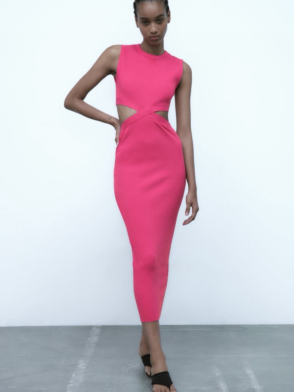 Zara Hot Pink Ribbed Cutout Midi Dress